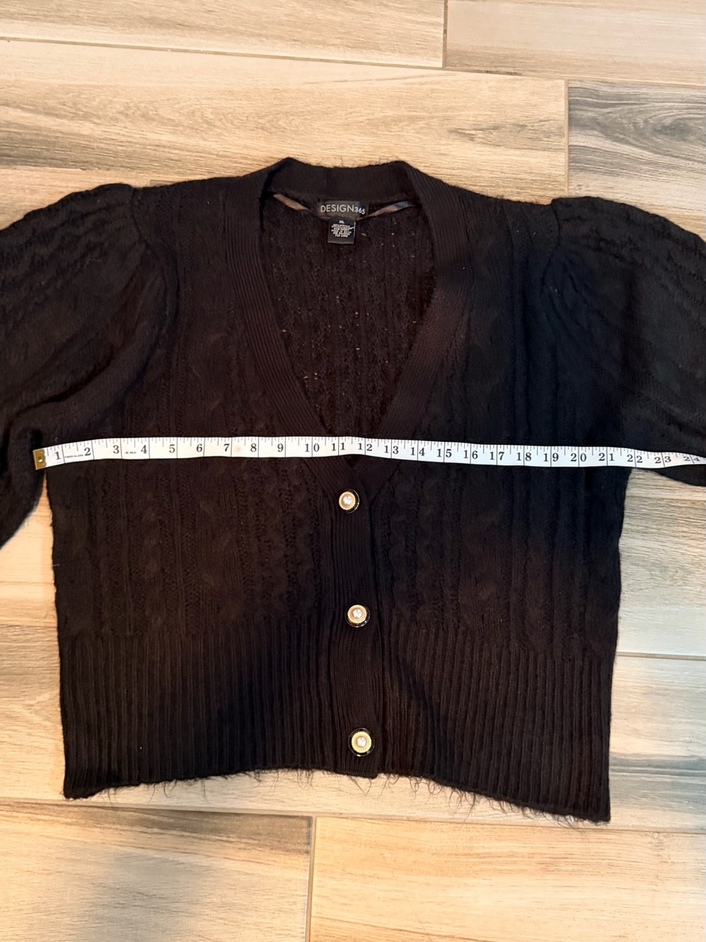 Black Puff-Sleeve V-Neck Cardigan with Decorative Buttons - Picture 8 of 8